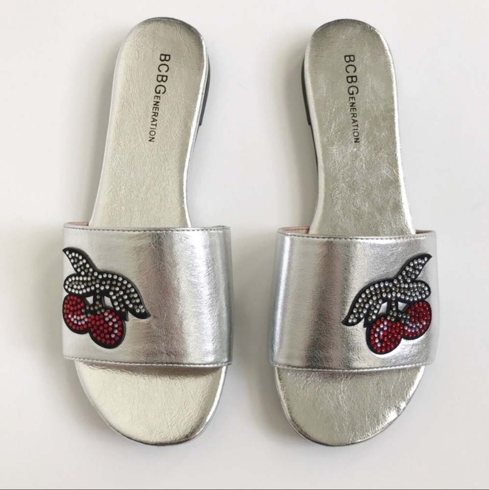 BCBGeneration Gennie Silver Slip-On Sandals With Jeweled Cherry - 9